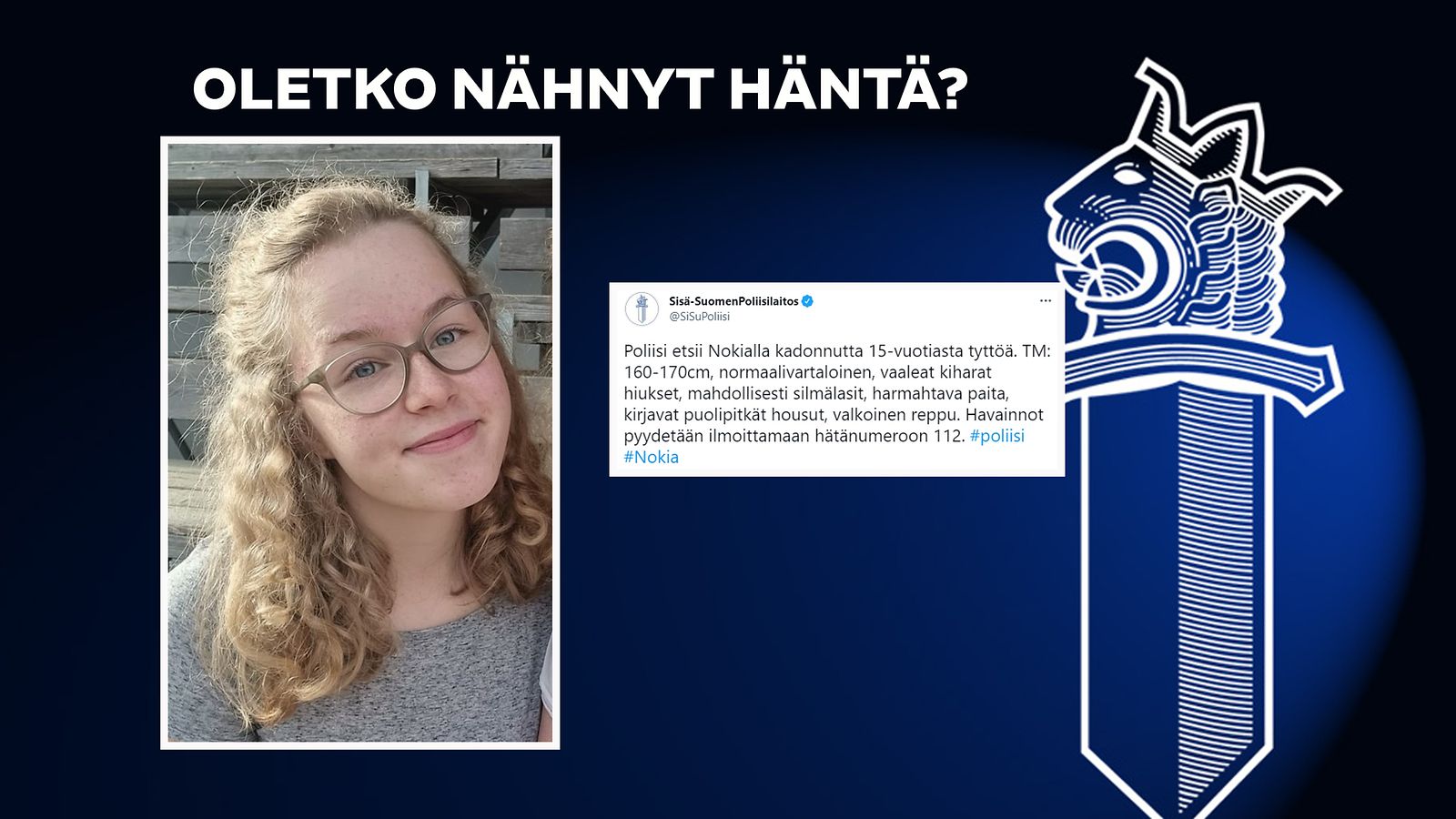 Poliisi etsii 15-vuotiasta tyttöä Nokialla.