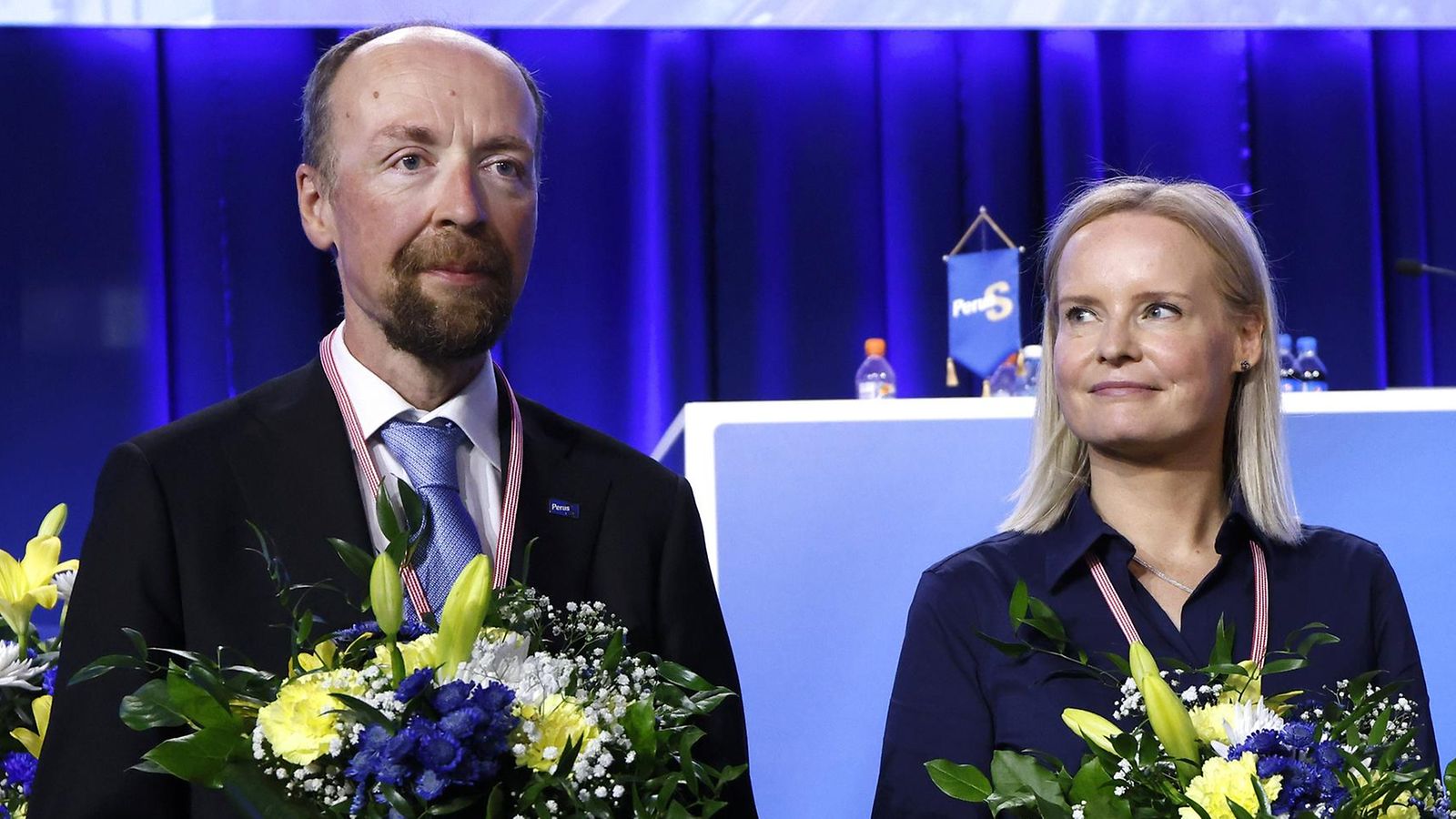 Jussi Halla-aho ja Riikka Purra perussuomalaisten Seinäjoen puoluekokouksessa.