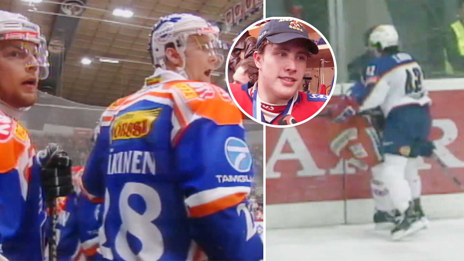 Ruman taklauksen tehnyt Jokerien Tuomo Ruutu joutui Tappara-leirin hampaisiin finaalisarjassa keväällä 2002.