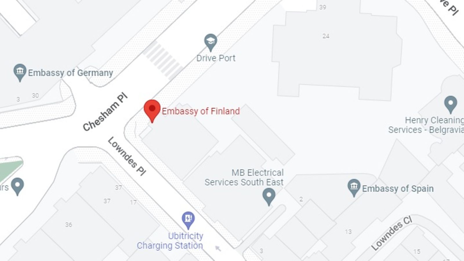 Suomen suurlähetystö Lontoossa, kuvakaappaus Google Mapsista.