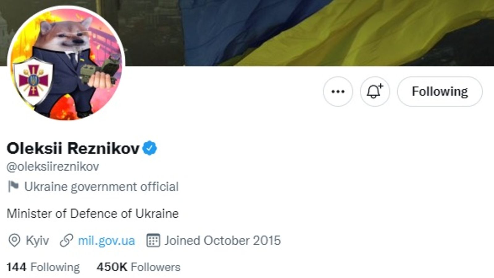 Kuvakaappaus: Ukrainan puolustusministerin Twitter-tili