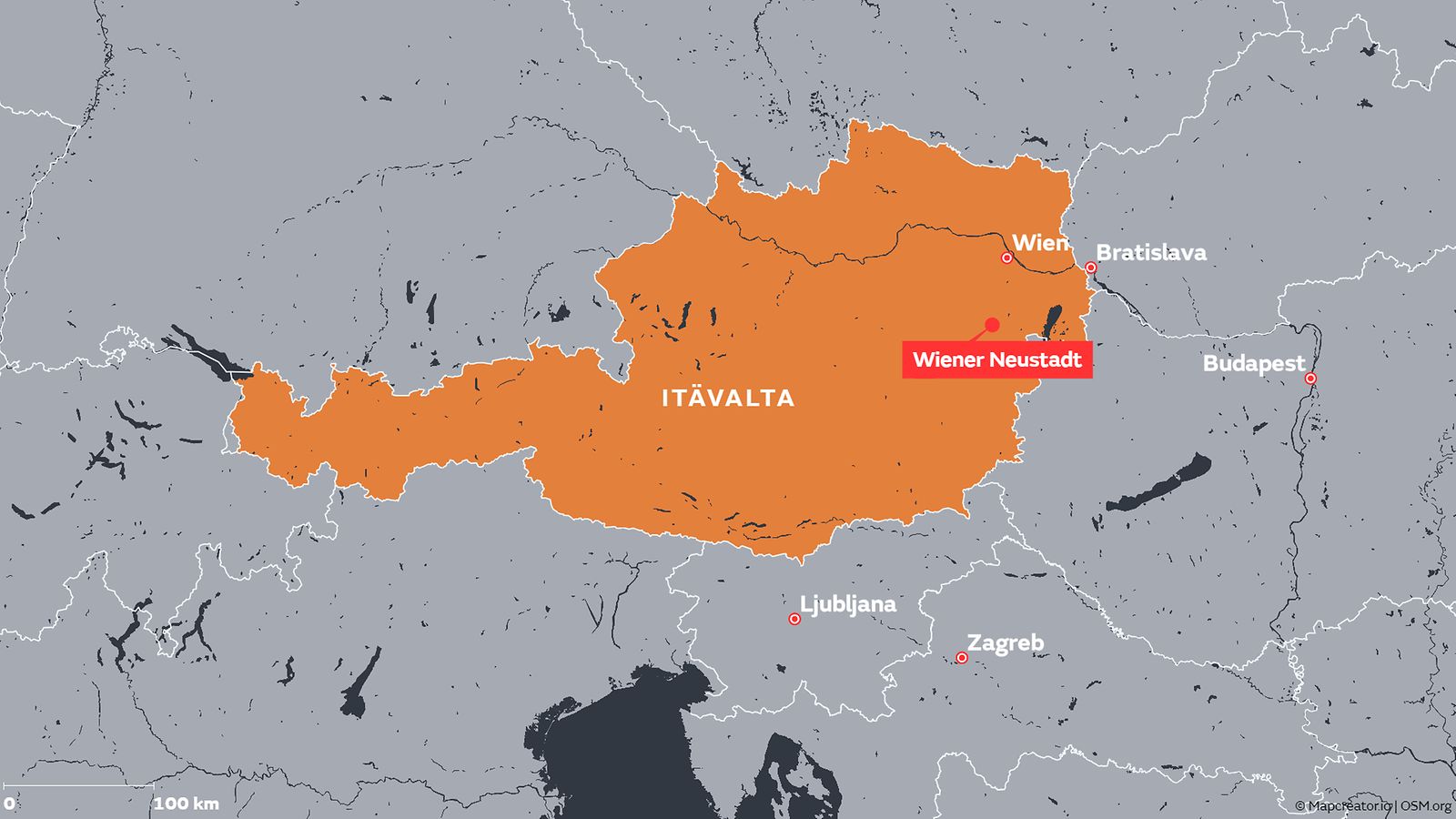 Itävallan kartta, osoitettu Wiener Neustadtin sijainti.