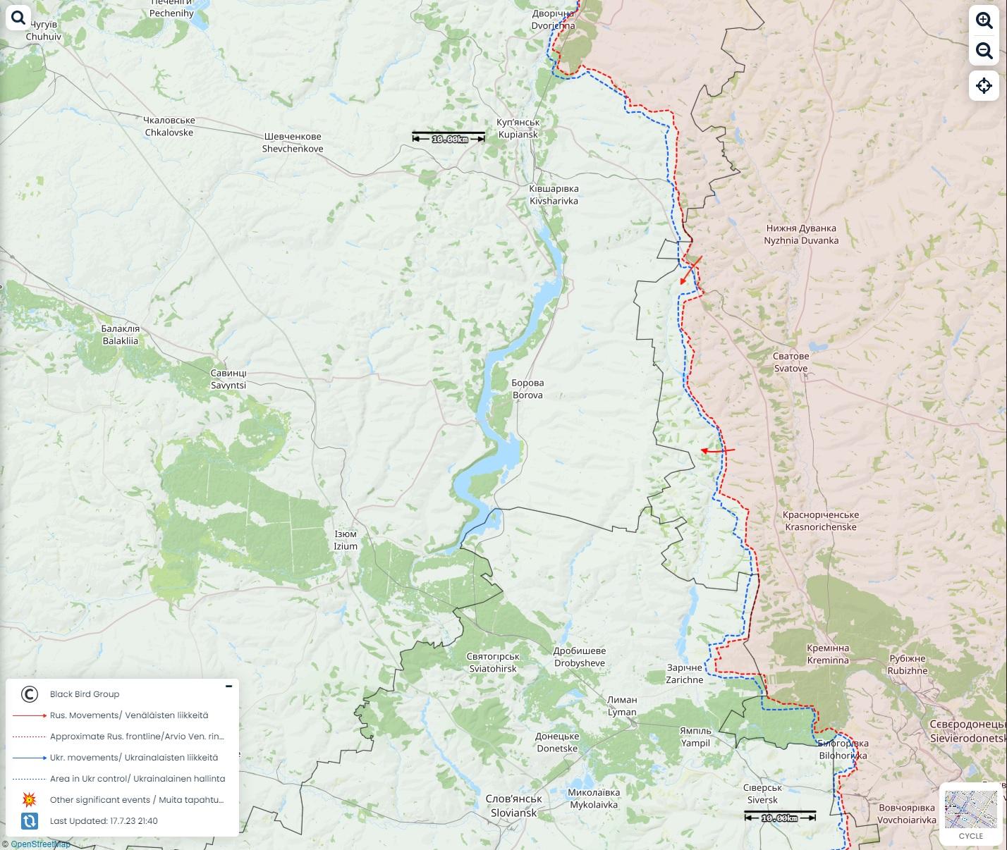 Kupjanskin alueen rintamatilanne 17. päivä heinäkuuta 2023.