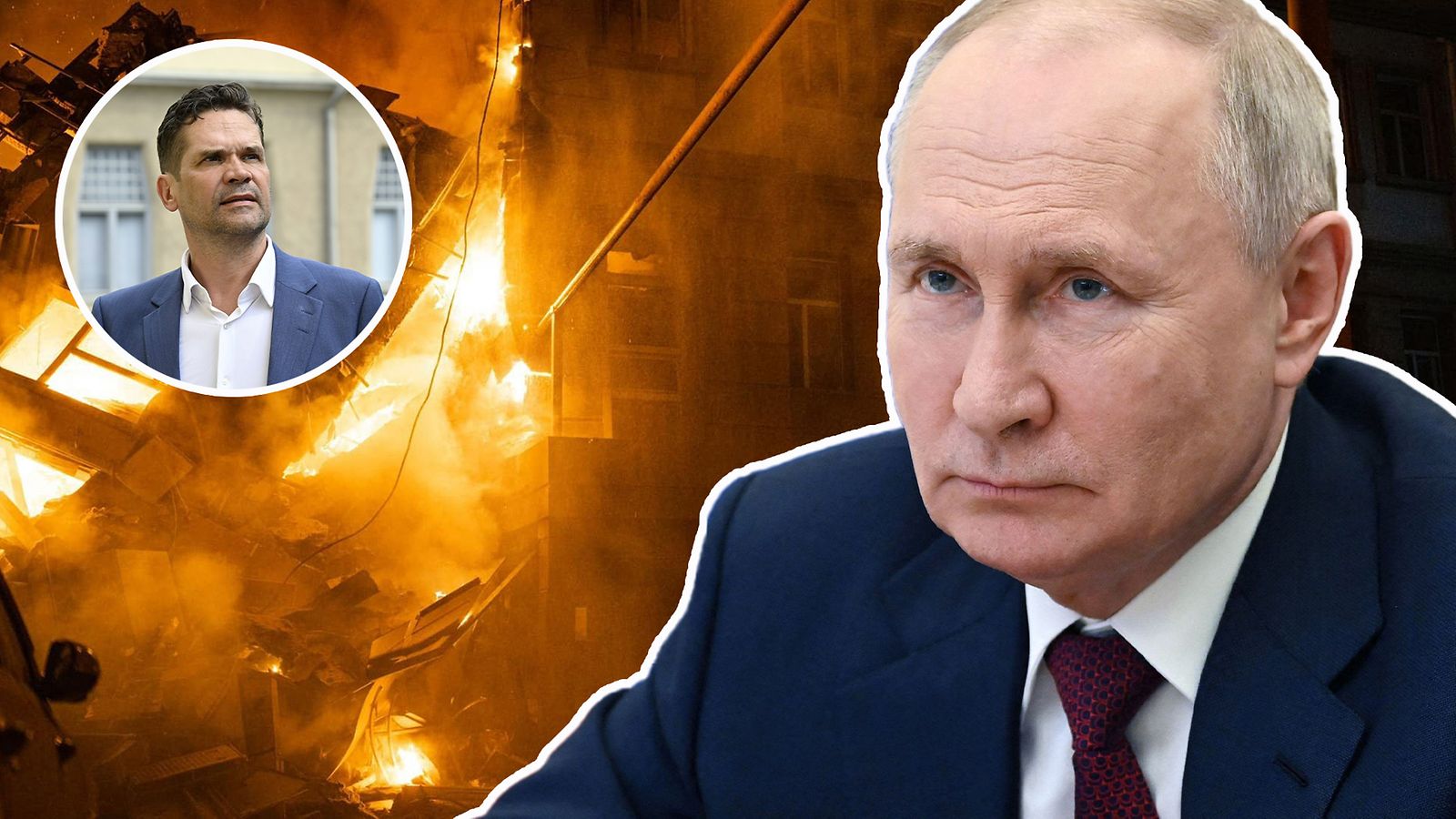 Yhdistelmäkuva, jossa Odessassa palava talo, Venäjän presidentti Vladimir Putin ja Ulkopoliittisen instituutin johtaja Mika Aaltola.