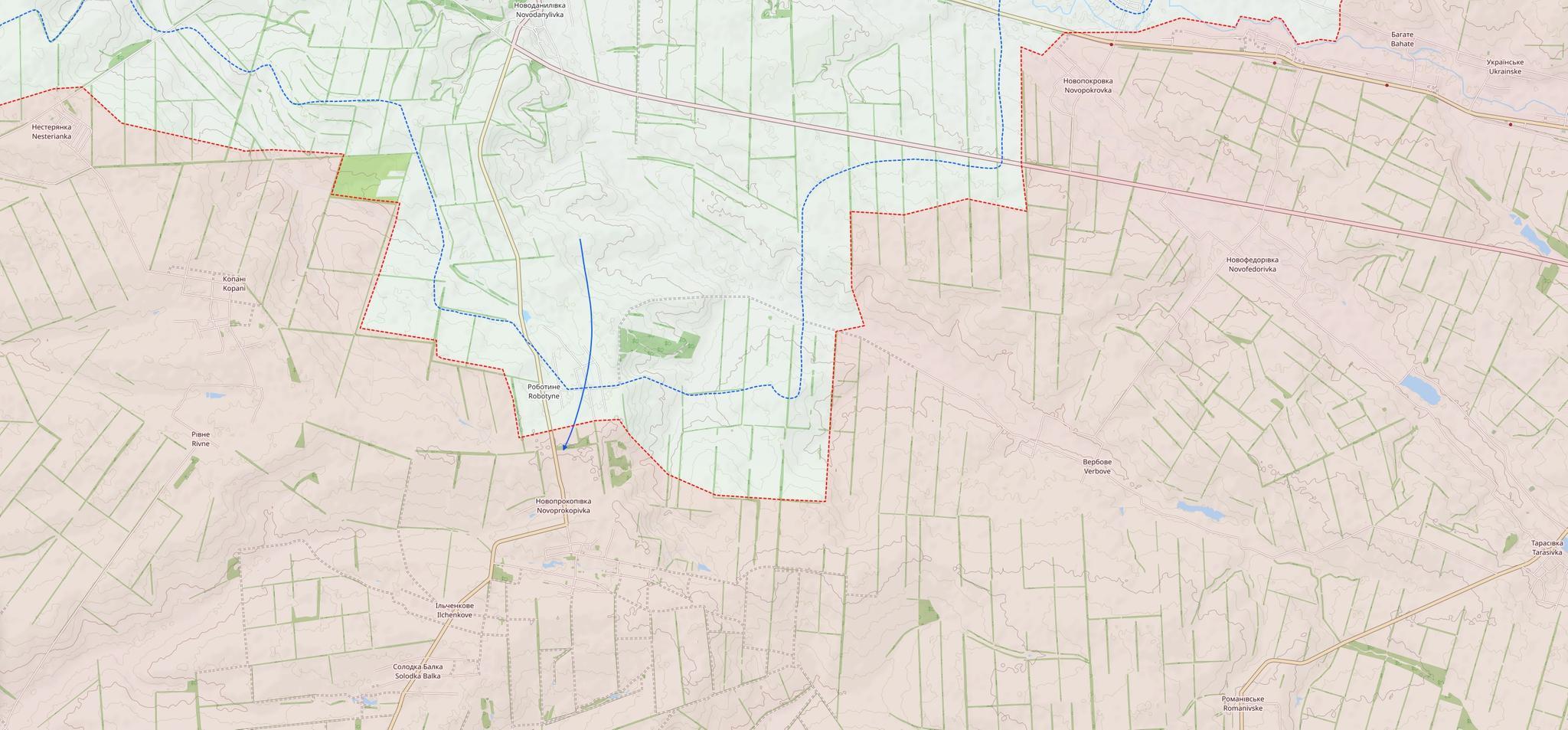 Länsi-Zaporizhzhjan rintamatilanne Robotynen kylän alueella 21. elokuuta. Sinen nuoli on Ukrainan hyökkäys.