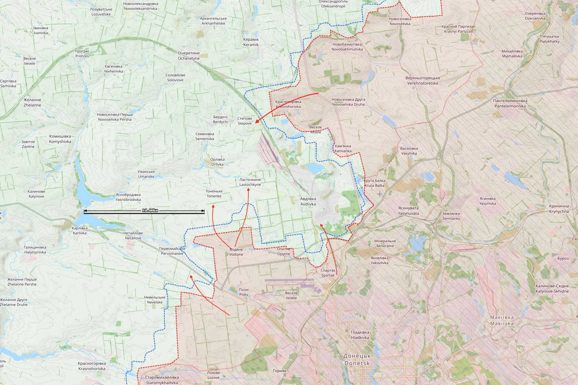 Avdijivkan kaupungin ympäristön rintamatilanne 13. lokakuuta. Punaiset nuolet ovat Venäjän hyökkäyksiä. Kartta: The War in Ukraine -tilannekartta / Black Bird Group.