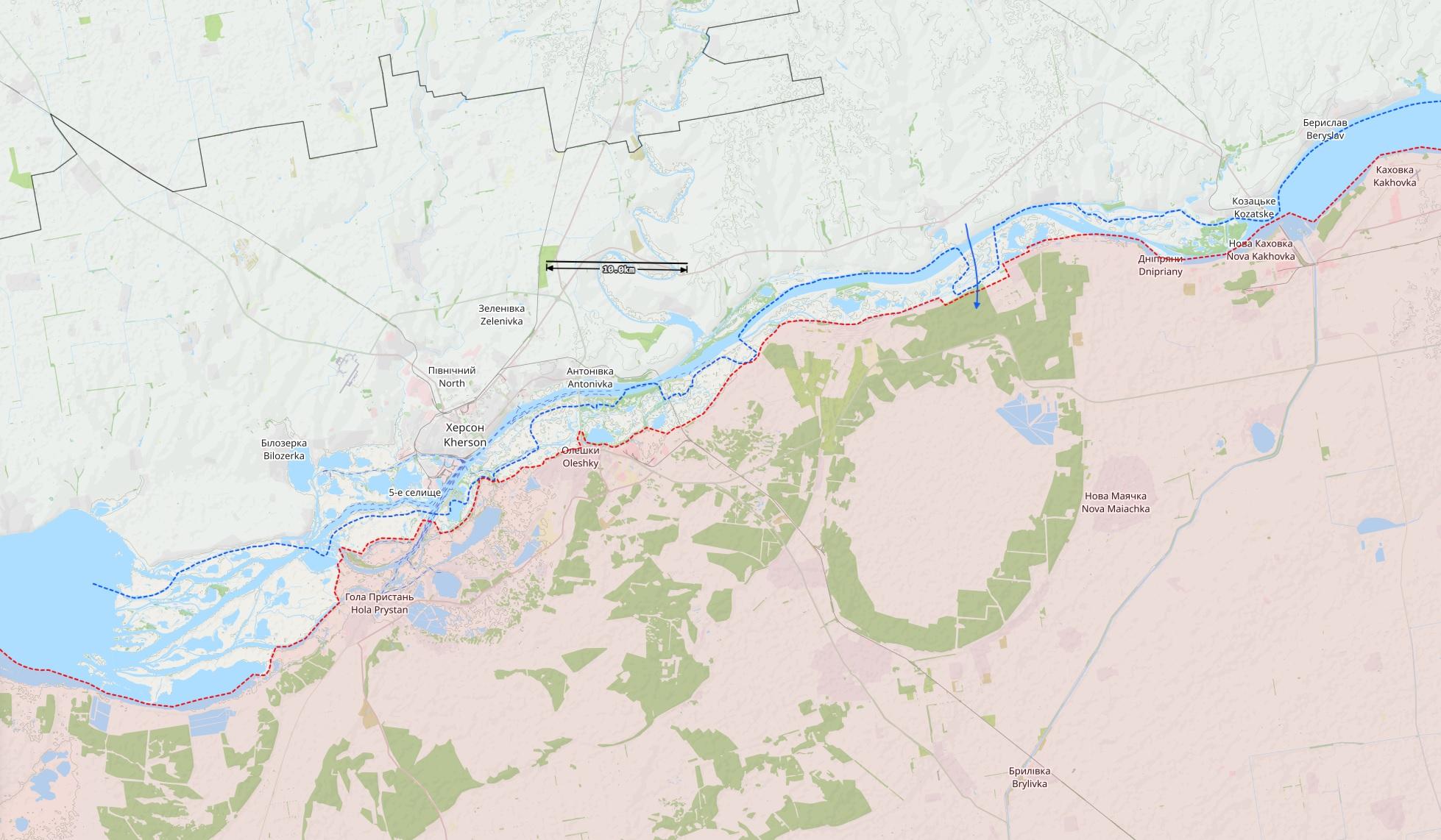 Dneprjoen rintamatilanne Hersonin kaupungin läheisyydessä Etelä-Ukrainassa 10. marraskuuta. Sininen nuoli on Ukrainan hyökkäys. Kartta: The War in Ukraine -tilannekartta / Black Bird Group.