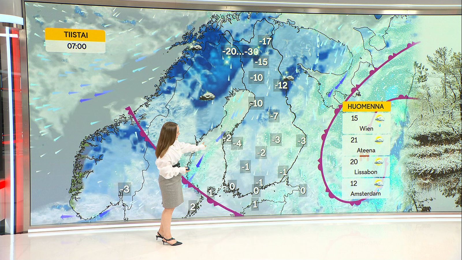 Jenna Salminen ennustamassa säätä maanantaina 13. marraskuuta 2023.