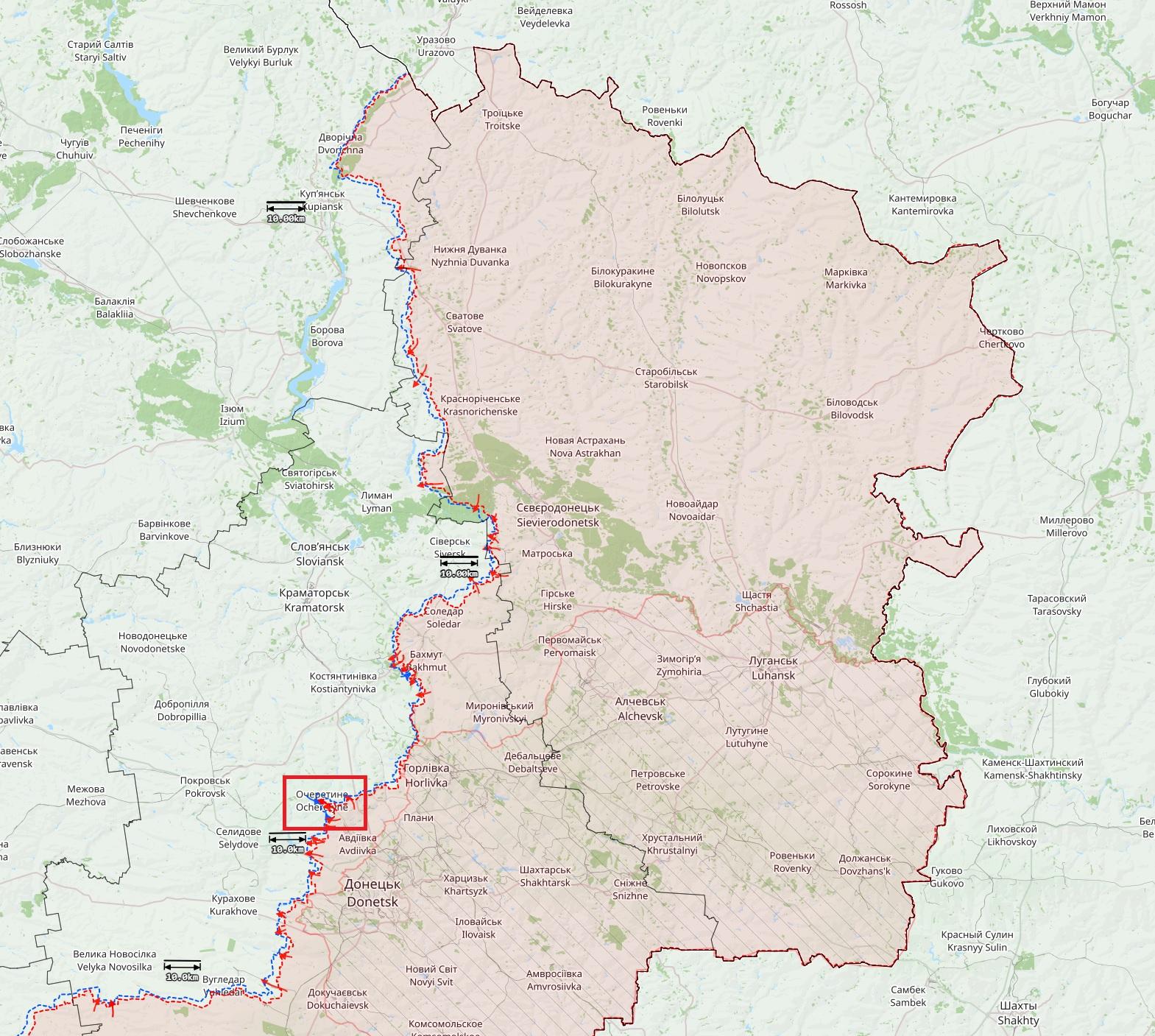 Itä-Ukrainan rintamatilanne 24. huhtikuuta. Berdychin ja Novokalynoven välinen alue on punaisessa laatikossa. Punaiset hyökkäykset ovat Venäjän, siniset Ukrainan hyökkäyksiä. Kartta: The War in Ukraine / Black Bird Group.