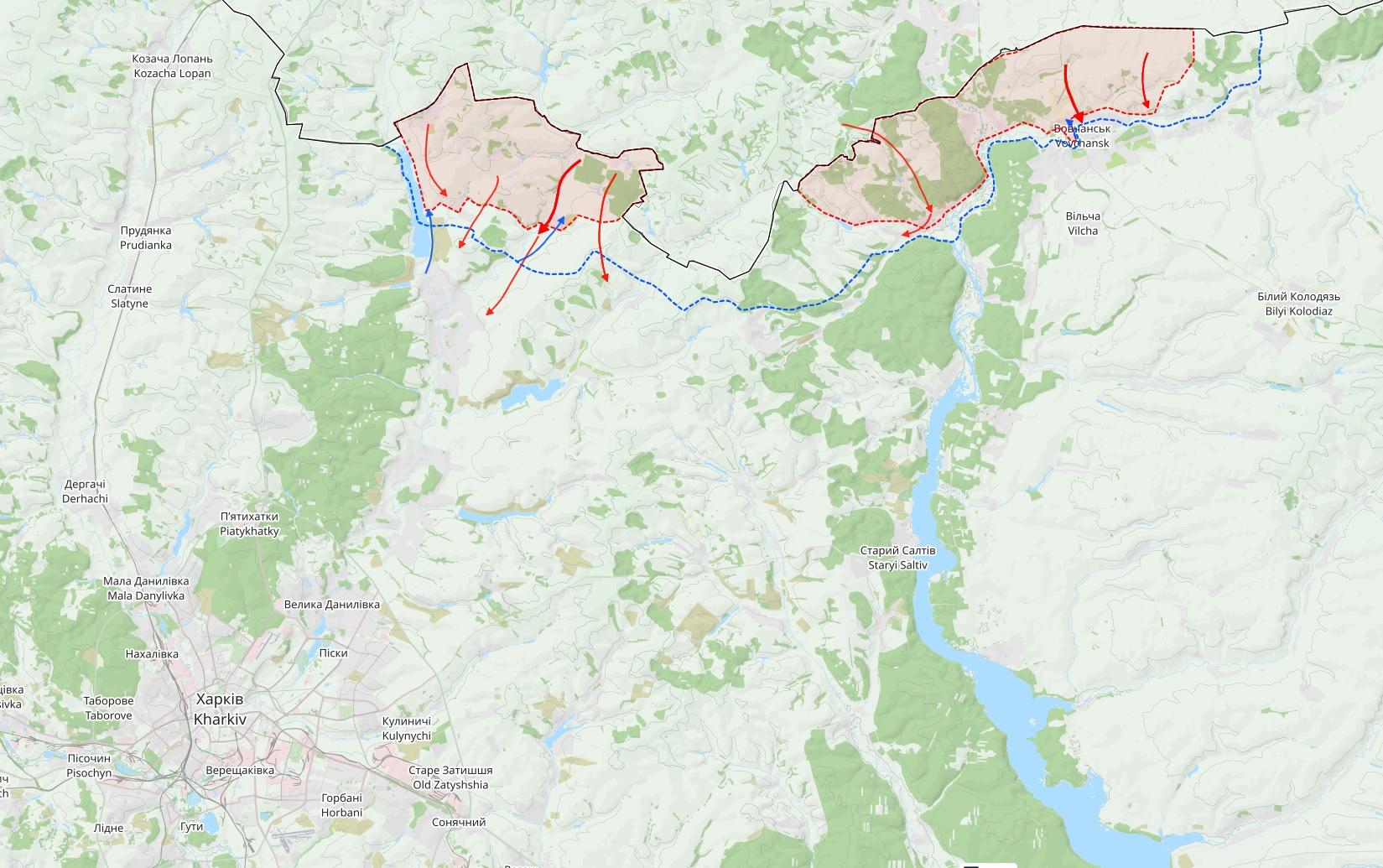 Harkovan alueen rintamatilanne 16. toukokuuta. Punaiset nuolet ovat Venäjän hyökkäyksiä. Kartta: The War in Ukraine / Black Bird Group.