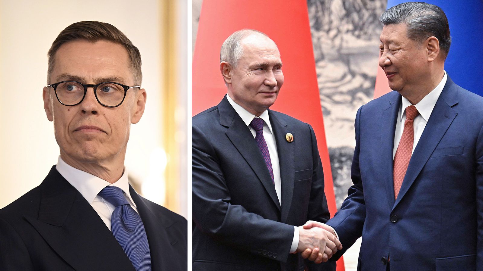 Presidentit Alexander Stubb, Vladimir Putin ja Xi Jinping yhdistelmäkuvassa.