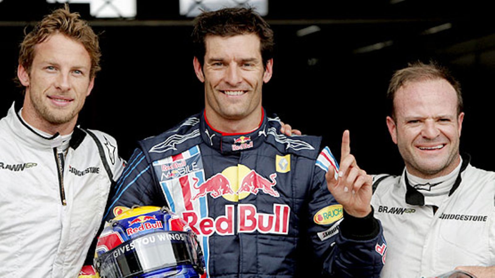 Jenson Button, Mark Webber ja Rubens Barrichello (Kuva: EPA/FELIX HEYDER)