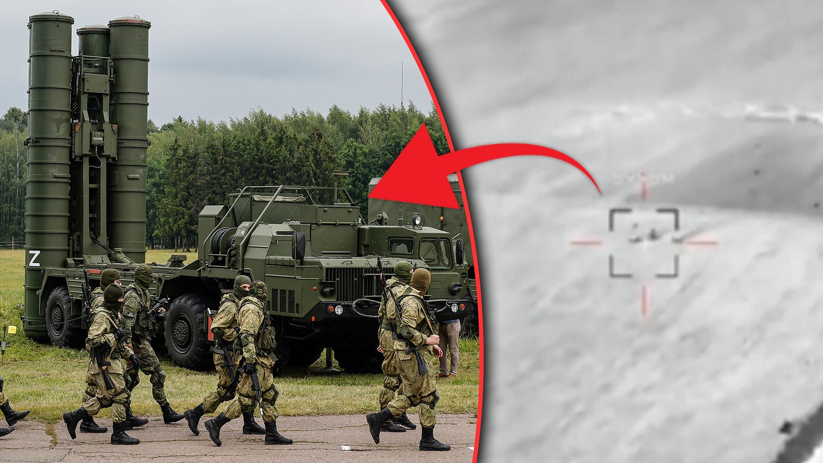 Yhdistelmäkuva, jossa kuvakaappaus videosta, jossa kerrotaan näkyvän S-300-ilmatorjuntajärjestelmän tuhoutuminen ja S-300-ilmatorjuntajärjestelmä.