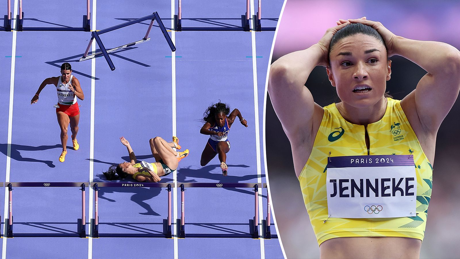 Pika-aituri Michelle Jenneke kaatui rajusti Pariisin olympialaisissa.