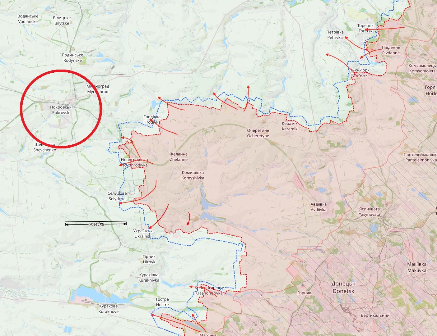 Itä-Ukrainan Donetskin alueen Pokrovskin kaupungin rintamatilanne 2. syyskuuta. Punaiset nuolet ovat Venäjän hyökkäyssuuntia. Kartta: The War in Ukraine / Black Bird Group.