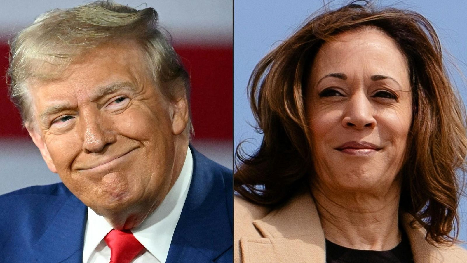 Donald Trump ja Kamala Harris yhdistelmäkuvassa.