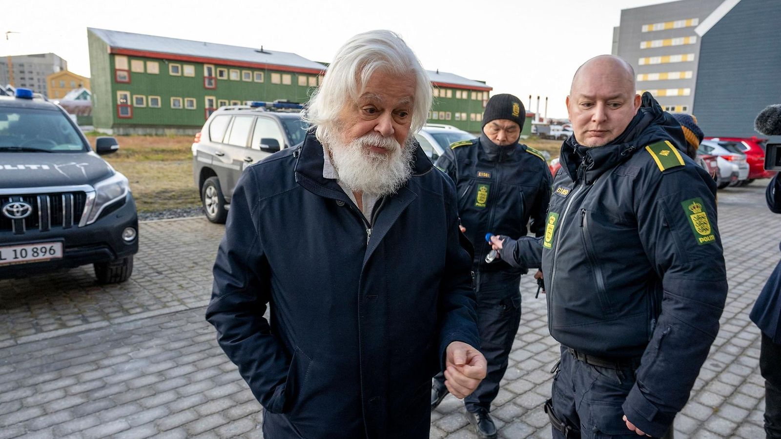 Anti-whaling activist Paul Watson arrives for a court hearing in Nuuk, Greenland, on October 2, 2024.