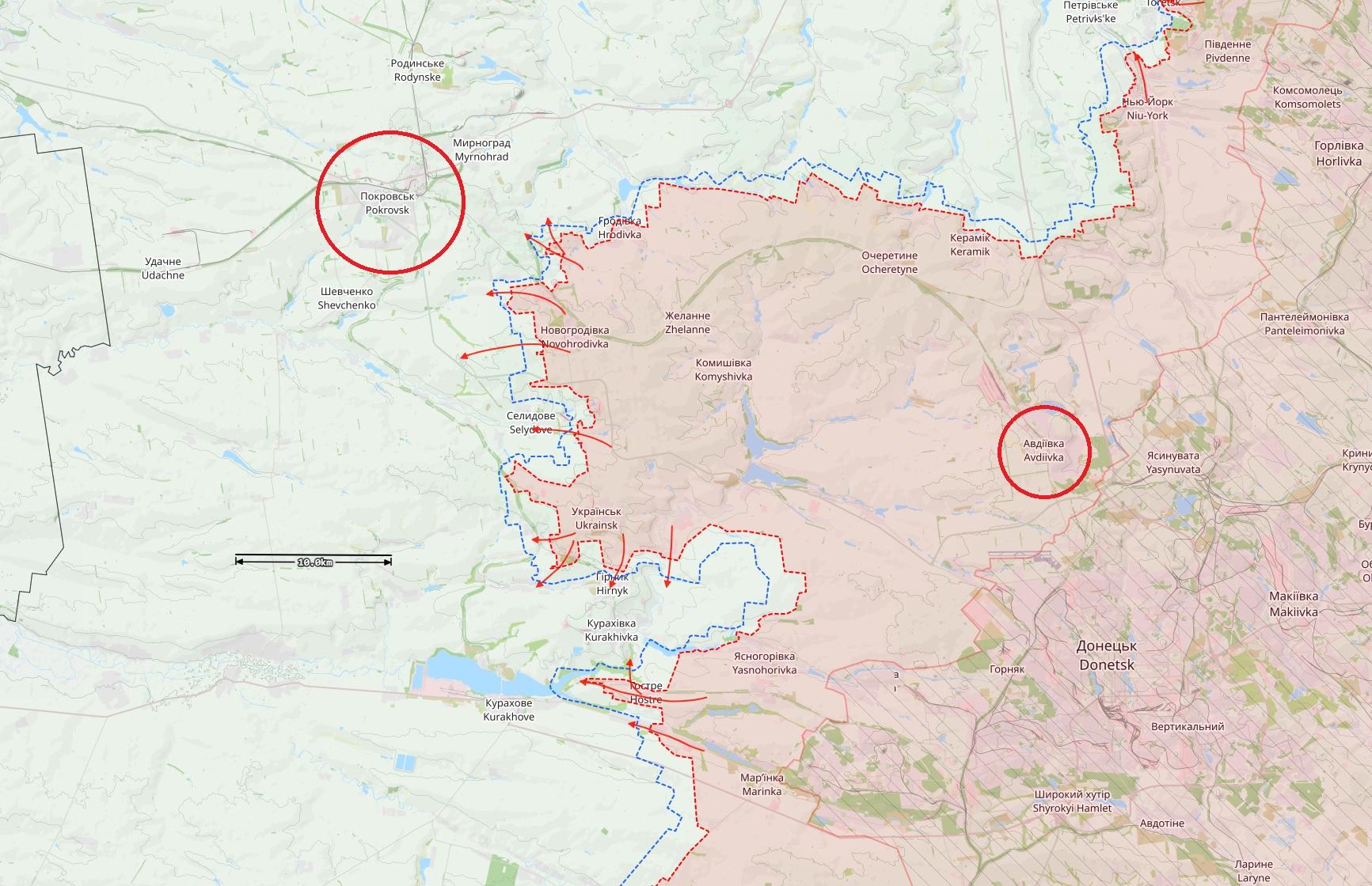 Donetskin alueen Pokrovskin rintamatilanne 6. lokakuuta. Punaiset nuolet ovat Venäjän hyökkäyssuuntia.