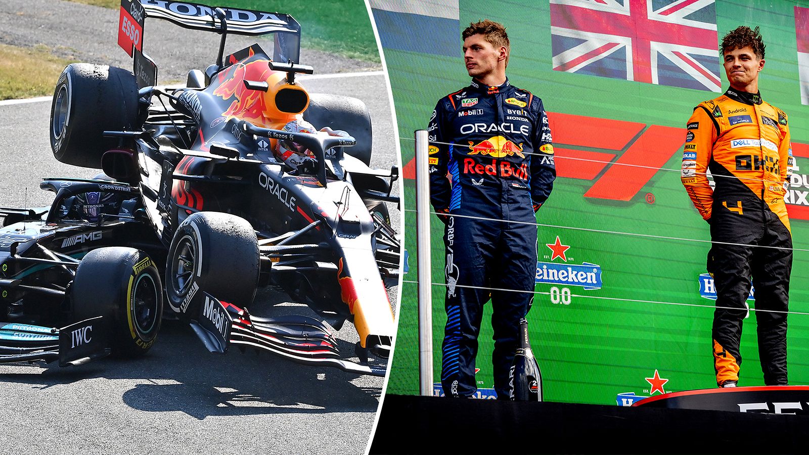 Max Verstappen on kokenut kovia tilanteita urallaan, varsinkin kaudella 2021 (vas.). Nyt hän taistelee MM-tittelistä Lando Norrisia (oik.) vastaan.