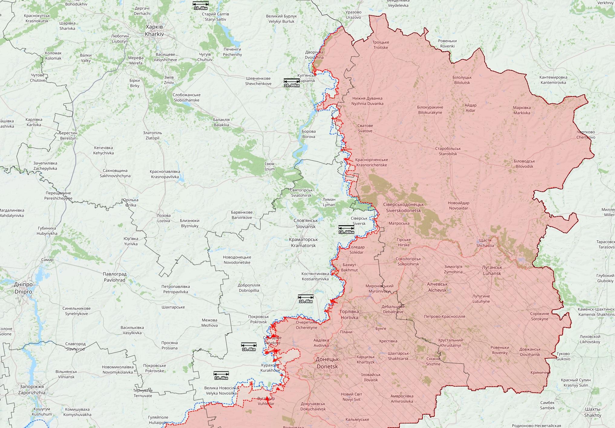 Itä-Ukrainan rintamatilanne 3. marraskuuta 2024. Punaiset nuolet ovat Venäjän hyökkäyssuuntia. Vaaleamman punaiset alueet ovat Venäjän noin viimeisen viikon aikana valtaamia alueita. Kartta: The War in Ukraine / Black Bird Group.