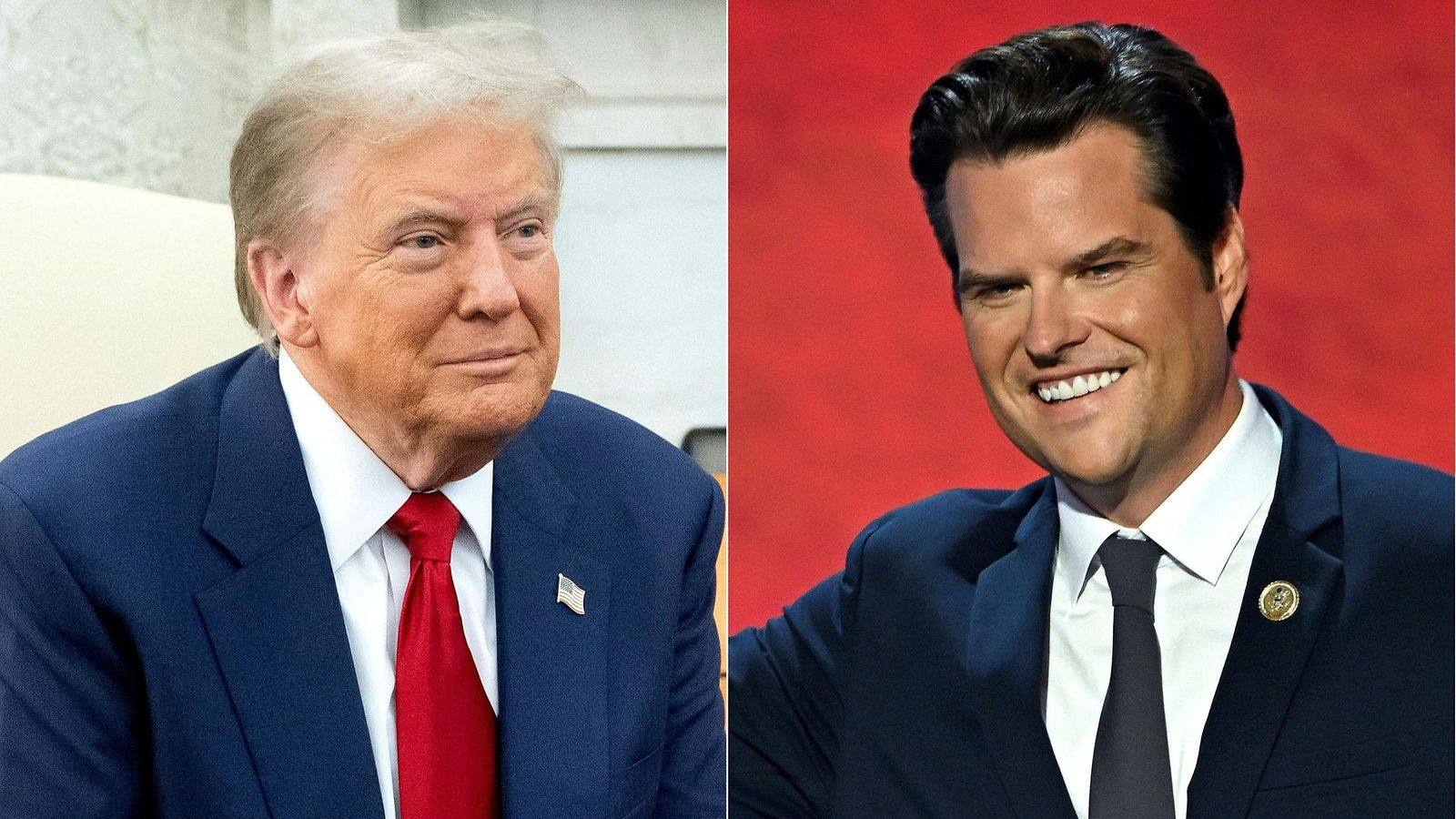 Yhdysvaltojen tuleva presidentti Donald Trump ja Matt Gaetz, joka on nimetty tammikuussa aloittavan hallinnon oikeusministeriksi.