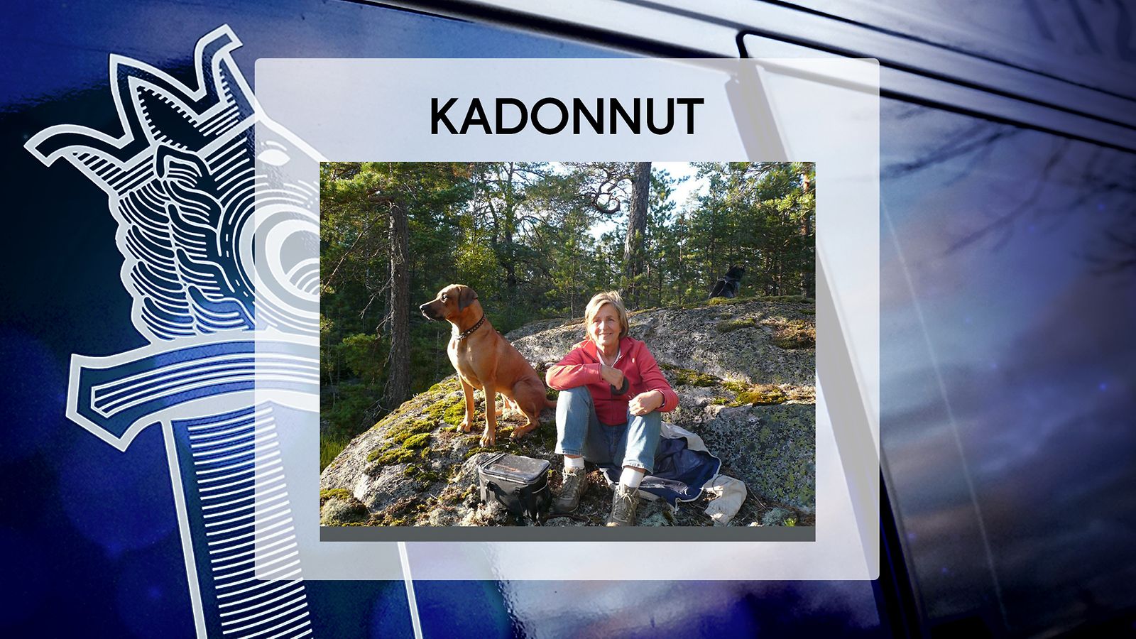 Kadonnut nainen oli lähtenyt ulkoilemaan Klasaksentieltä ulkoilemaan kuvassa näkyvän koiran kanssa.