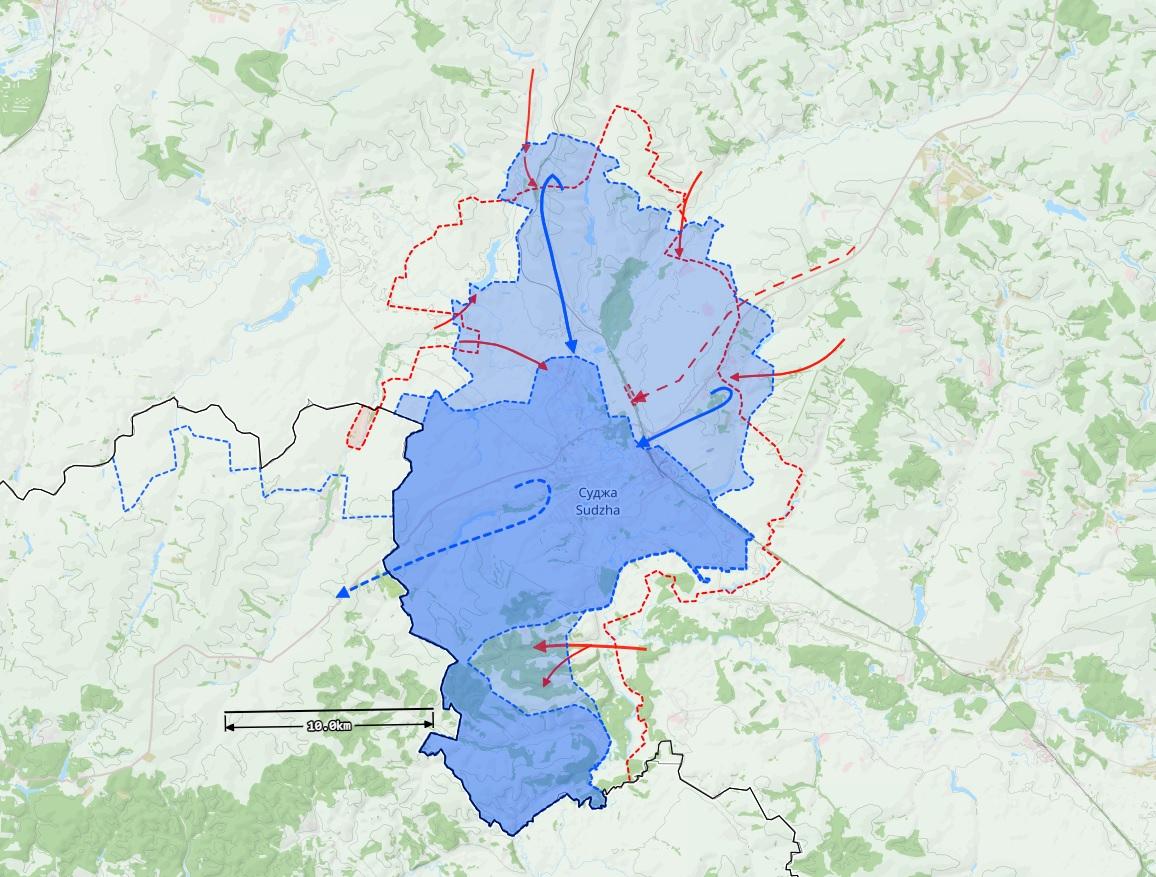 Kurskin alueen rintamatilanne 9. maaliskuuta. Punaiset nuolet ovat Venäjän hyökkäyssuuntia ja siniset Ukrainan vetäytymissuuntia. Vaaleamman sinisellä merkityt alueet olivat Ukrainan hallussa vielä maaliskuun alussa. Kartta: Black Bird Group.