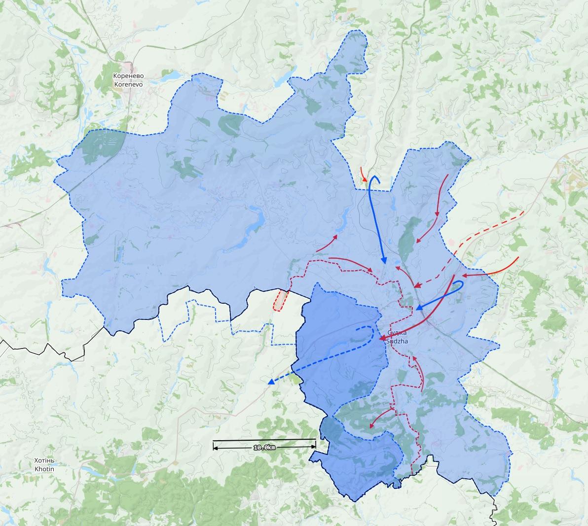 Kurskin alueen rintamatilanne 12. maaliskuuta. Punaiset nuolet ovat Venäjän hyökkäyssuuntia ja siniset Ukrainan vetäytymissuuntia. Vaaleamman sinisellä merkityt alueet olivat Ukrainan hallussa syyskuun alussa elokuun yllätyshyökkäyksen jälkeen. Kartta: Black Bird Group.