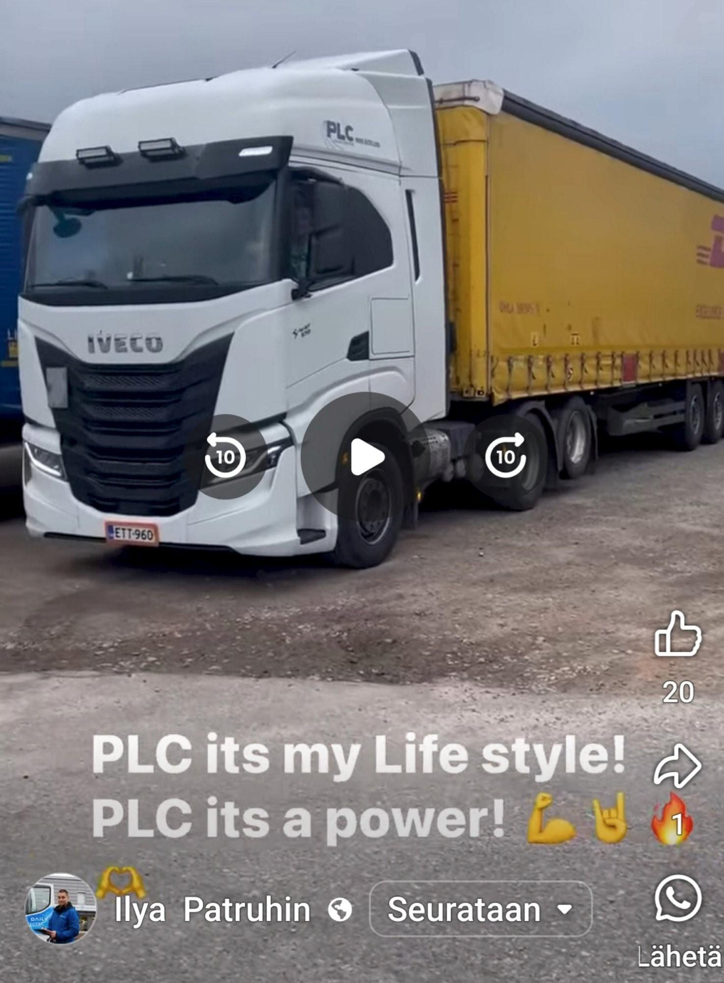 Kuvakaappaus somevideosta PLC Transit Servicen Facebook-sivulta, missä toimitusjohtaja esittelee yhtiön vetoautoa.