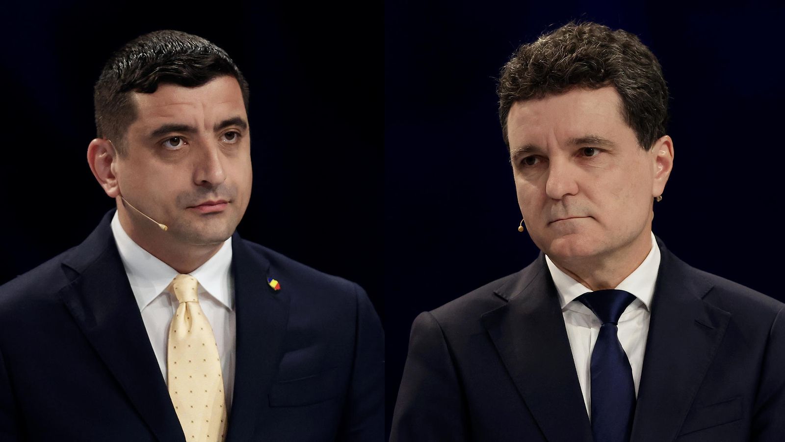 Yhdistelmäkuva esittää Romanian presidenttiehdokkaat George Simionin ja Nicusor Danin mustaa taustaa vasten.