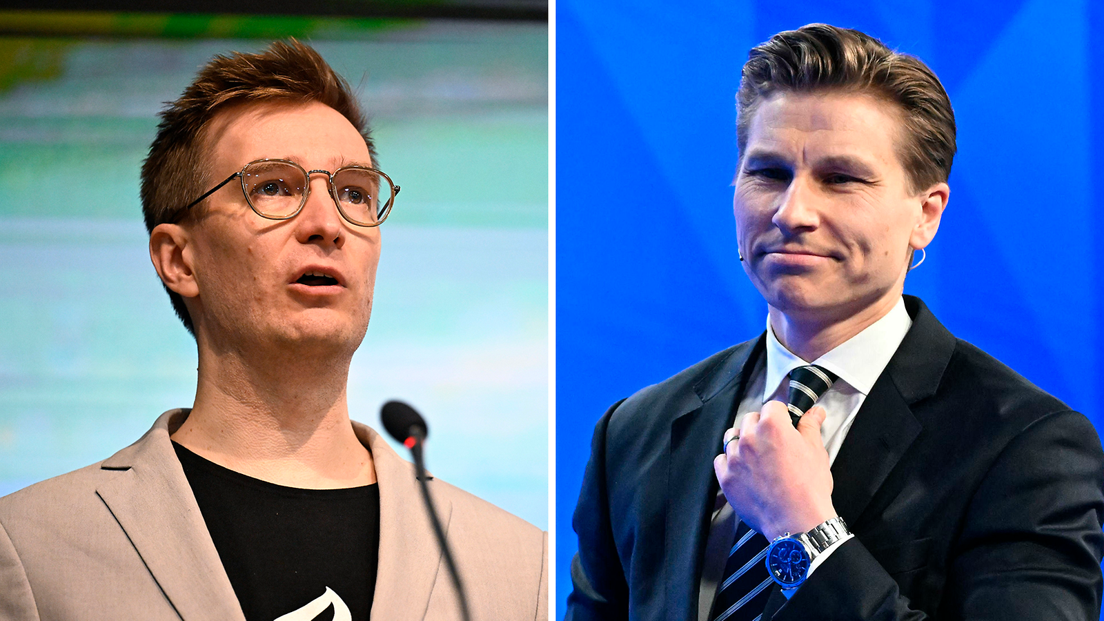 Kuvamuokkaus, jossa vasemmalla vihreiden Oras Tynkkynen puhuu mikrofoniin ja oikealla kokoomuksen Antti Häkkänen kiristelee solmiotaan.