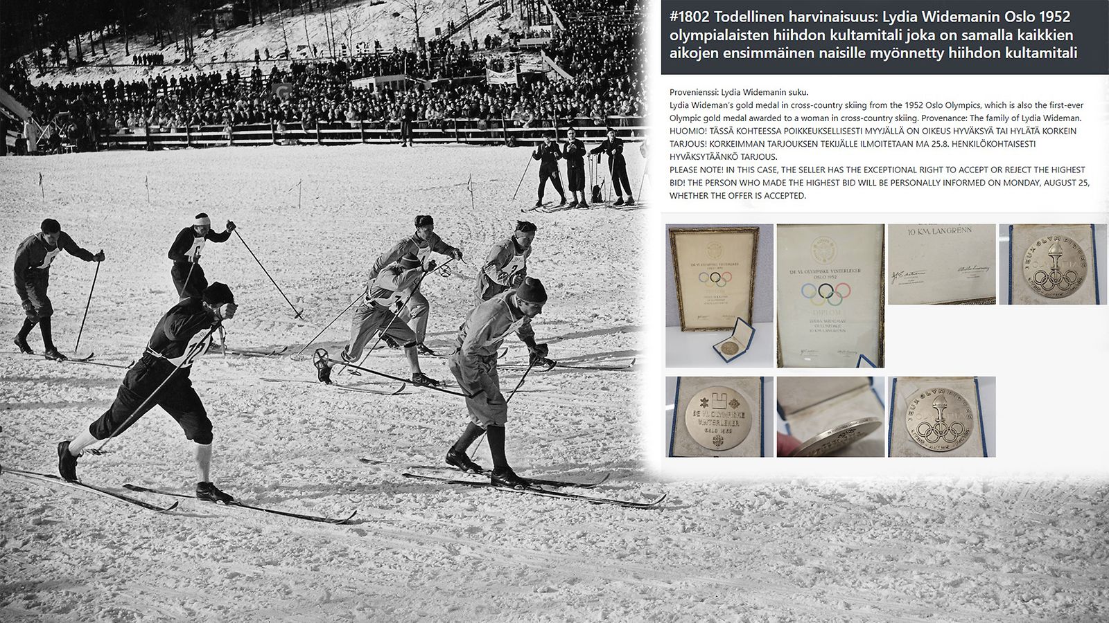 Kuvituskuvaa vuoden 1952 Oslon olympiakisoista, jossa Lydia Widemanin saavuttamaa maastohiihdon kultamitalia huutokaupataan.