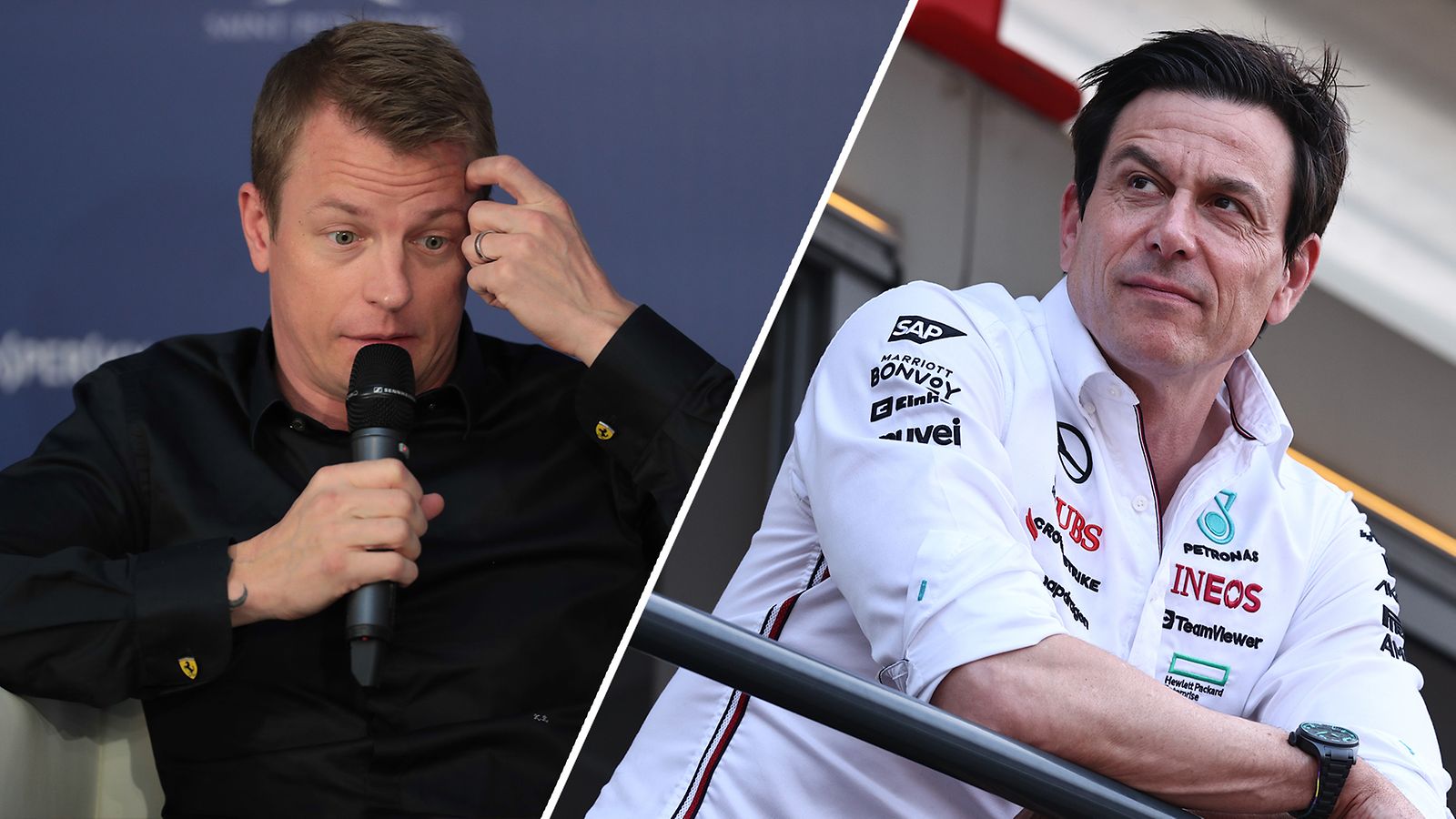 Toto Wolff (oik.) väittää läimäisseensä Kimi Räikköstä FIA-gaalassa vuonna 2018.