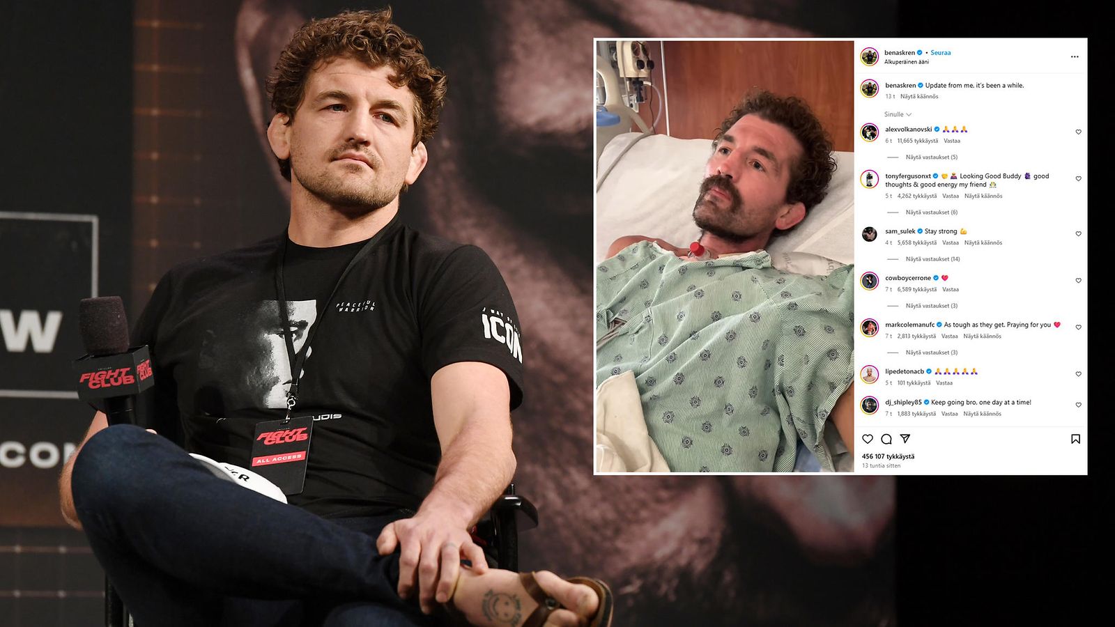Ben Askren kuvattuna toukokuussa 2021. Miehen olemus on tähän verrattuna karu tuoreessa otoksessa sairaalavuoteelta.