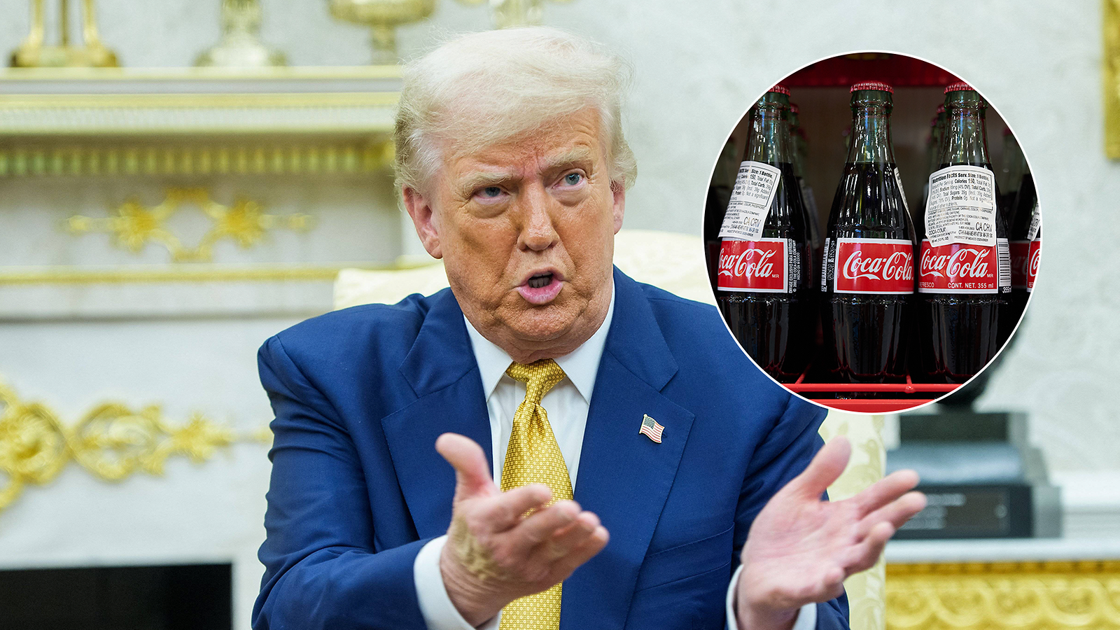 Donald Trump levittelee käsiään. Kuvaan muokattu pienempi pyöreä kuva, jossa näkyy lasisia Coca-Cola -virvoitusjuomapulloja.