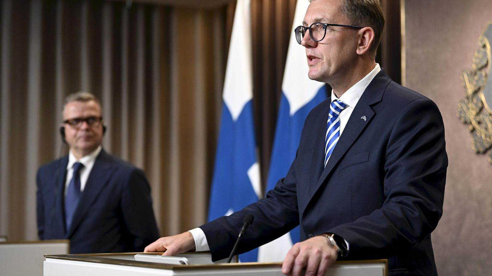 Pääministeri Petteri Orpo (vas.) ja Viron pääministeri Kristen Michalin pitivät yhteisen tiedostustilaisuuden Tallinnassa, Virossa 22. elokuuta 2025.
