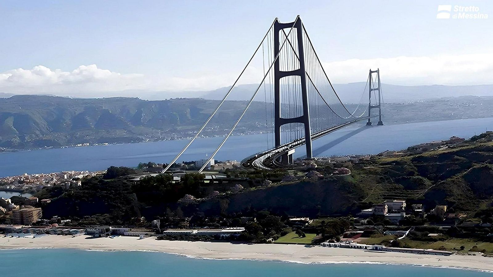LK 24.8.2025 Stretto di Messina projektin havainnekuva mahdollisesta sillasta Messinansalmen yli.