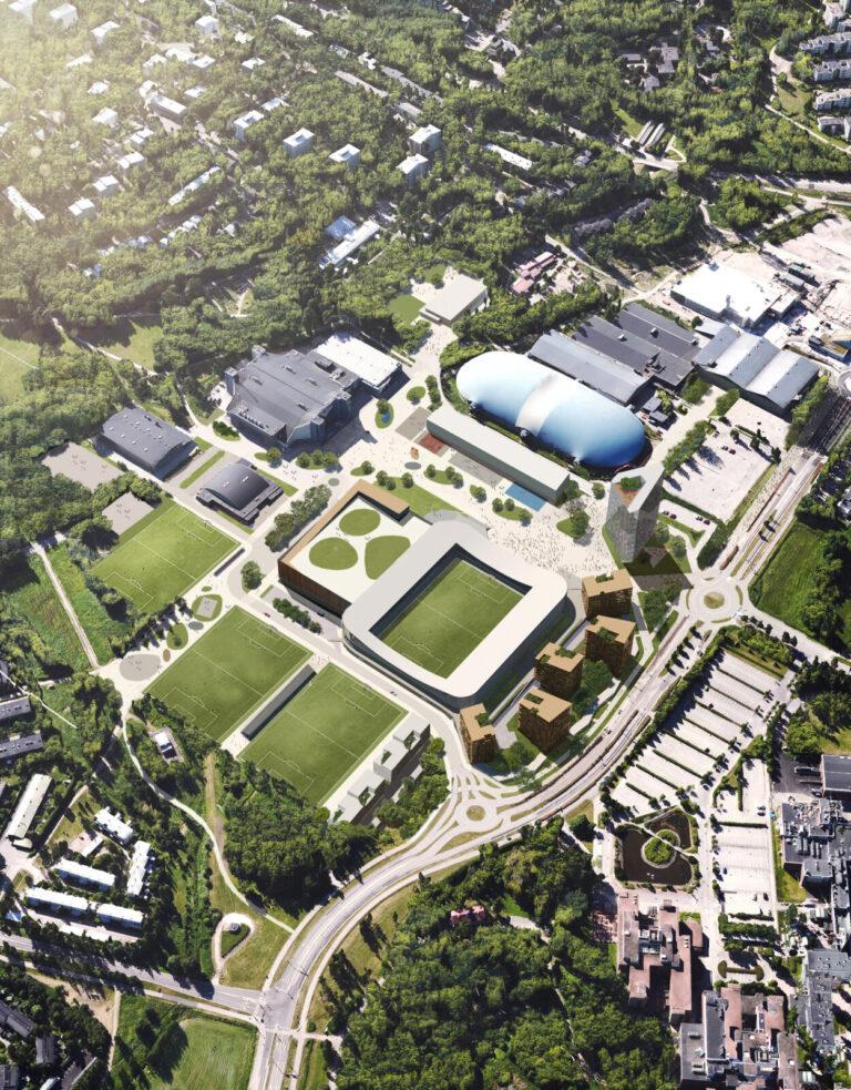 Suuntaa-antava havainnekuva Tapiolan urheilupuistoon rakennettavasta jalkapallostadionista.