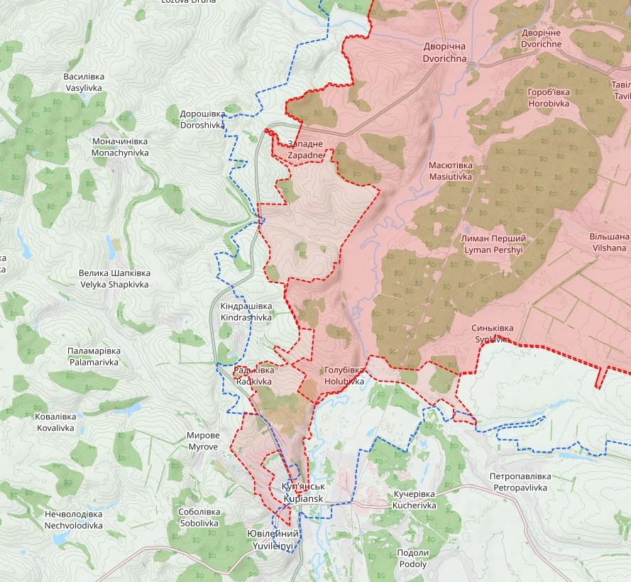 Koillis-Ukrainan Kupjanskin alueen rintamatilanne 27. joulukuuta. Vaaleamman punaisella alueella on merkitty alueet, joita Venäjä miehitti vielä 1. marraskuuta.