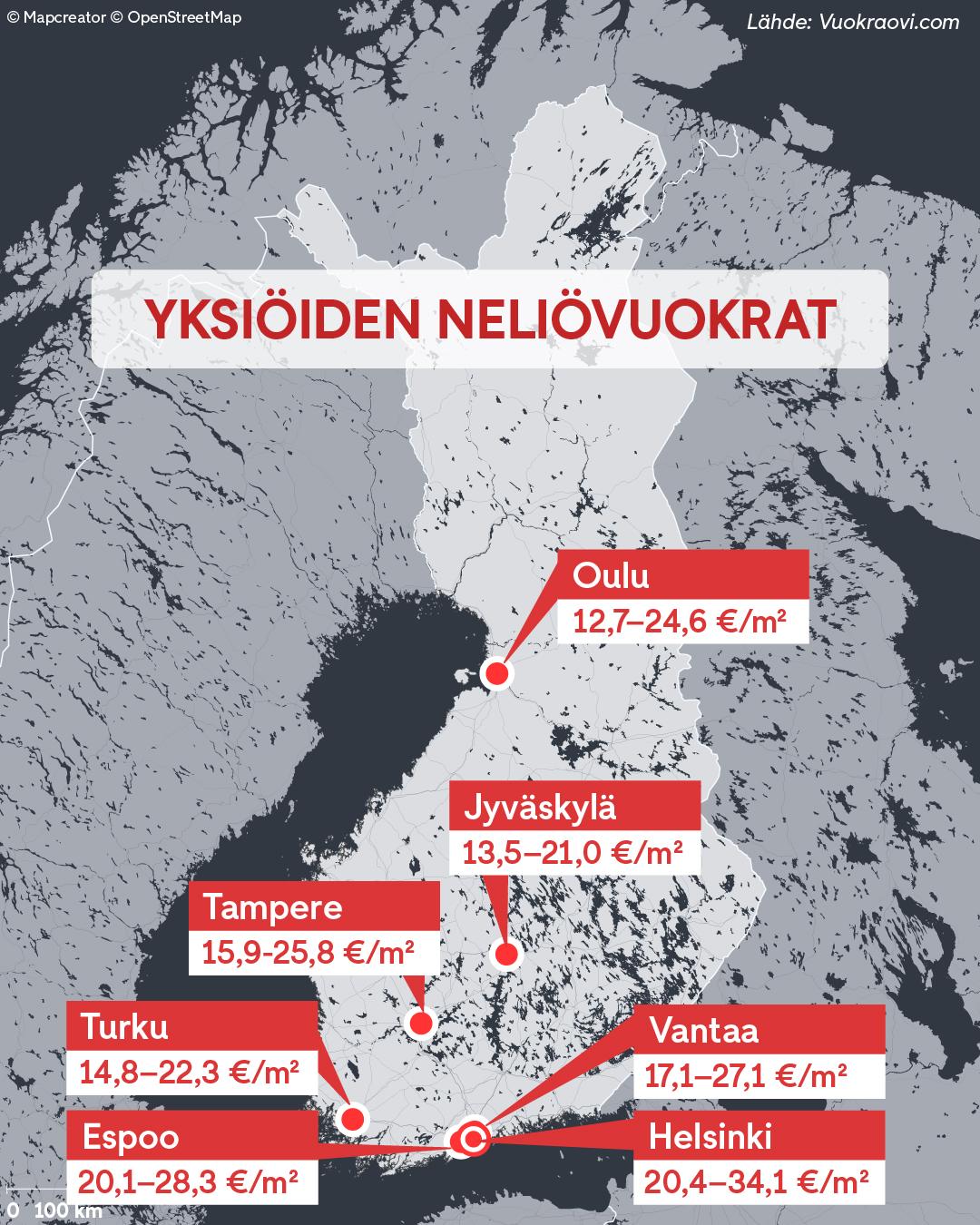 0607 yksiöiden neliövuokra hinnat