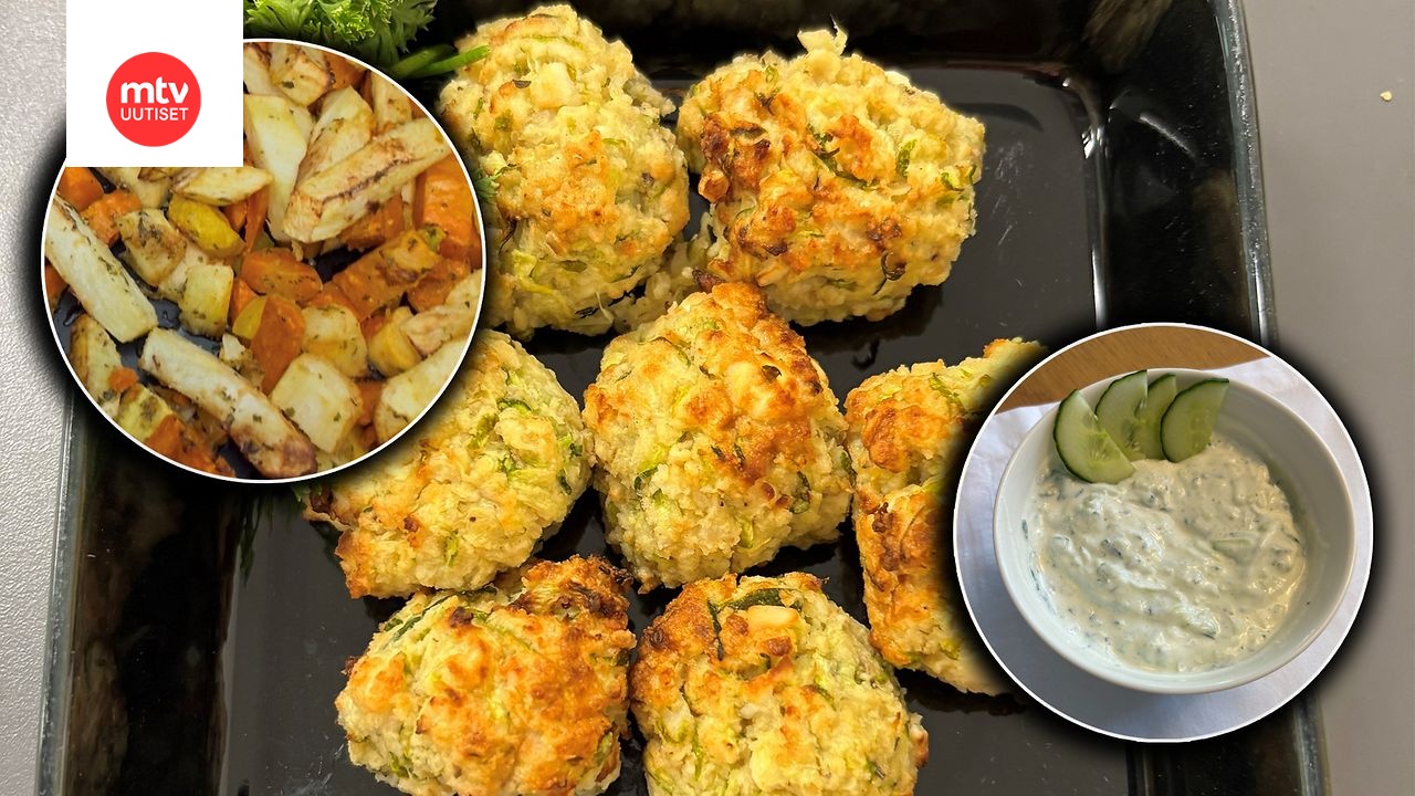 Feta-kesäkurpitsapyörykät, tsatsiki ja yrttikasvikset